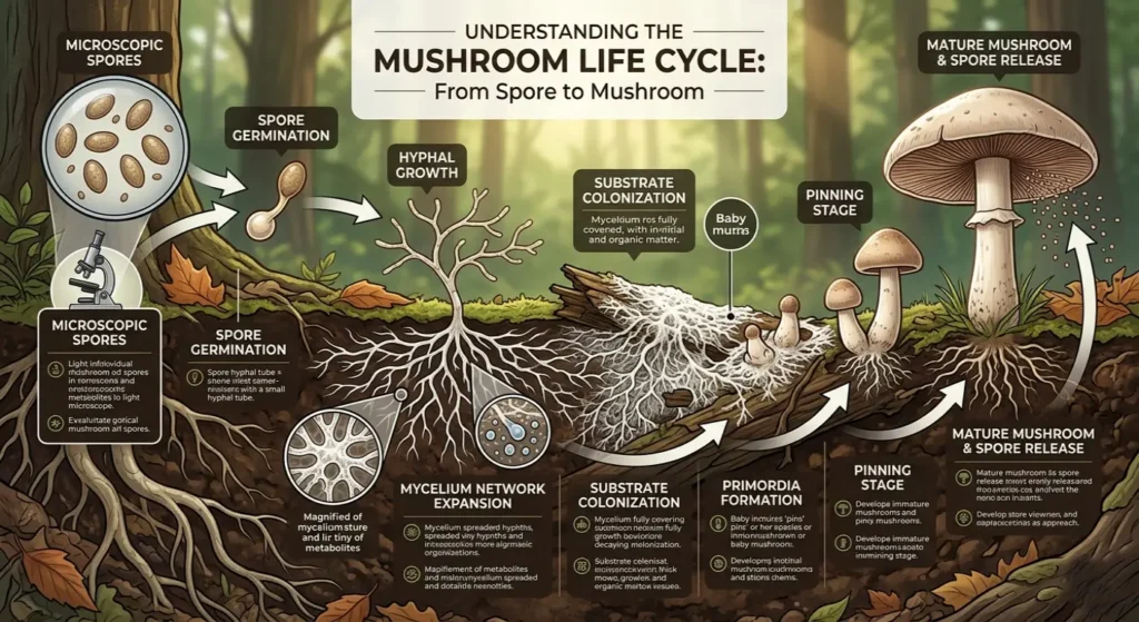 Illustration of the mushroom life cycle showing spores, mycelium growth, colonization, pinning, and mature mushroom development.