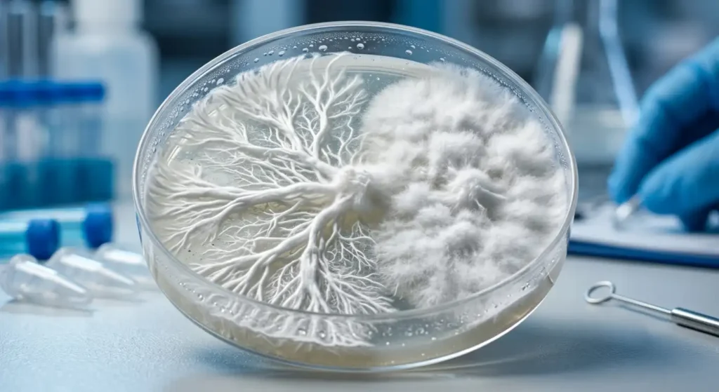 Healthy mycelium growth patterns showing rhizomorphic and tomentose mycelium on agar plates